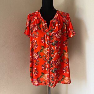 Rose + Olive Flutter Sleeve Blouse - Orange Floral - 1X